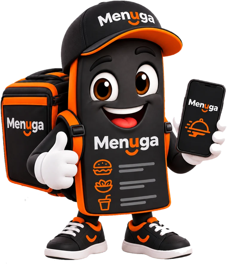 Mascote da Menuga — um celular entregador com a bag de entrega nas costas